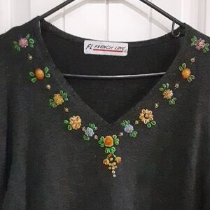 French Line Vintage Beaded and Jeweled Embroidered Luxury Blend V neck sweater.